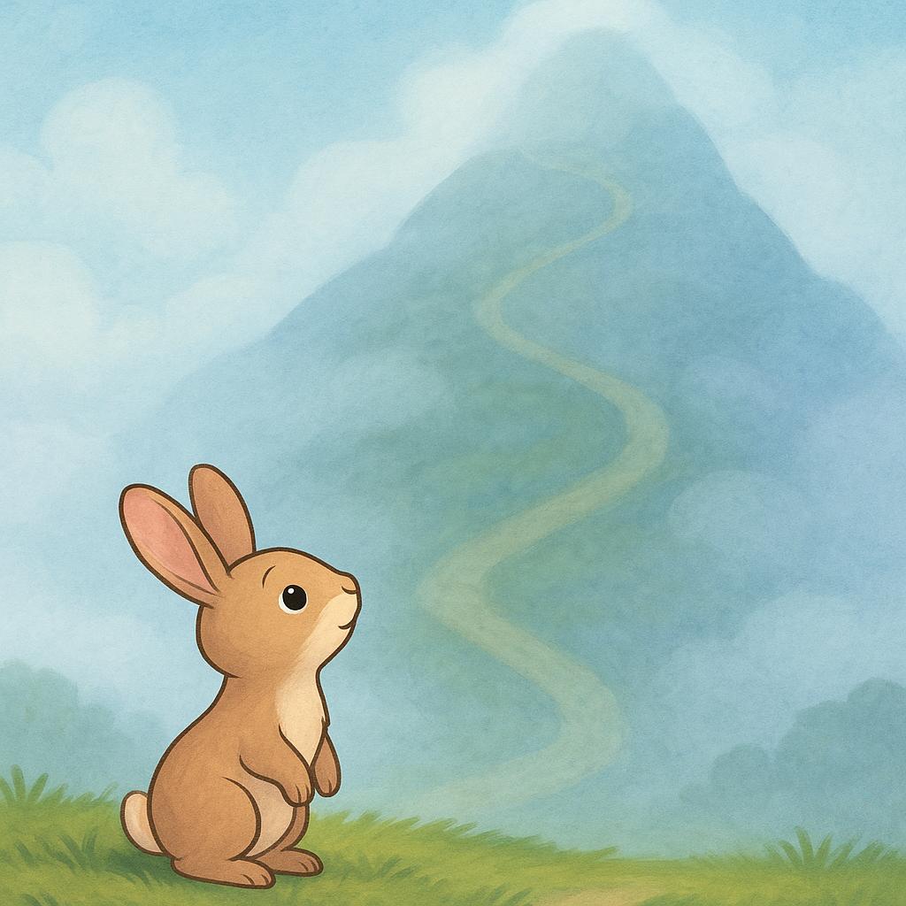 A small, friendly rabbit stands at the base of a tall hill covered in fog, looking up expectantly towards the unseen summit.