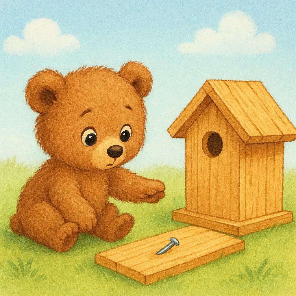 A colorful illustration of a small, friendly bear cub sitting next to a wooden birdhouse that is half-finished. The cub is extending one empty paw toward a single shiny nail lying just out of reach, illustrating a clear necessity.