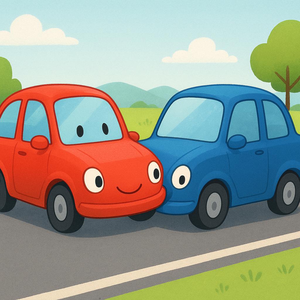 A simple illustration of a minor traffic accident where two cartoon cars have lightly bumped each other on a street, showing surprise but no severe damage.