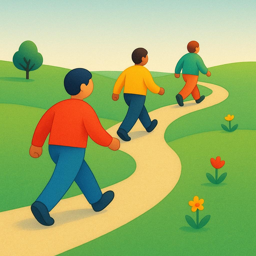 A colorful storybook illustration showing three stylized figures walking briskly away from the viewer down a winding green path toward the distance, symbolizing movement and departure.