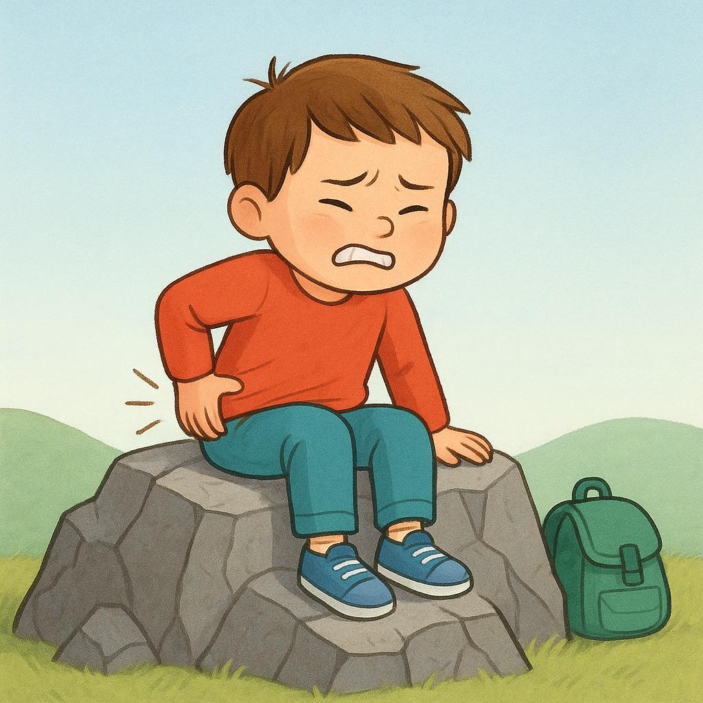 A small child wincing and fidgeting while sitting uncomfortably on a large, jagged rock.