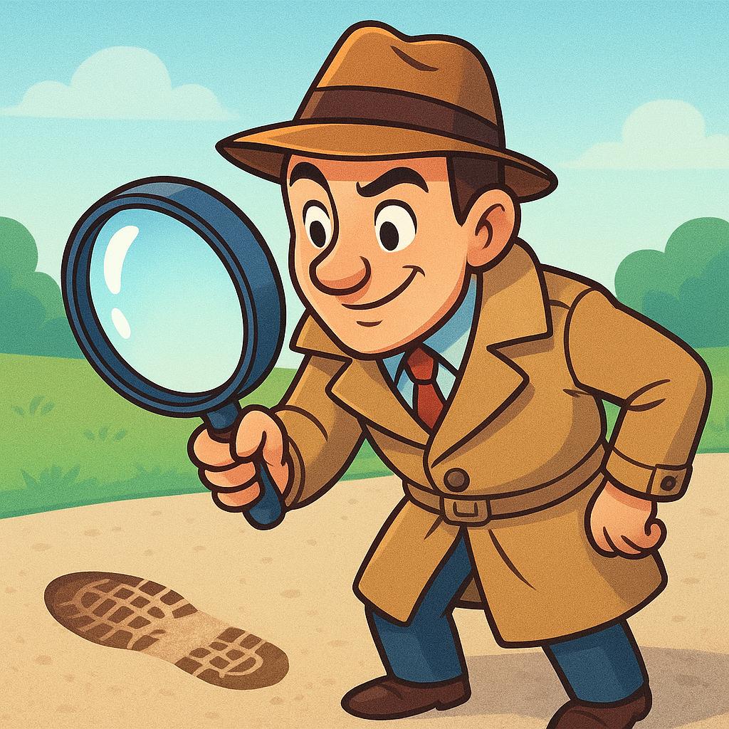 A cartoon detective character, wearing a trench coat, looks through a large magnifying glass at a single, clear footprint on the ground, indicating discovery.