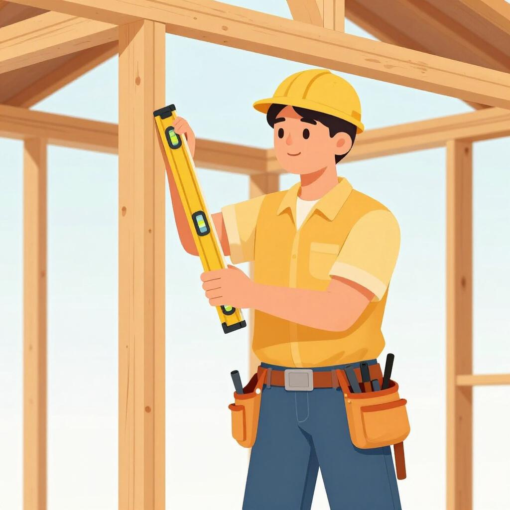 Ein qualifizierter Zimmermann, der einen Werkzeuggürtel trägt und eine Wasserwaage an einem Holzrahmen hält.