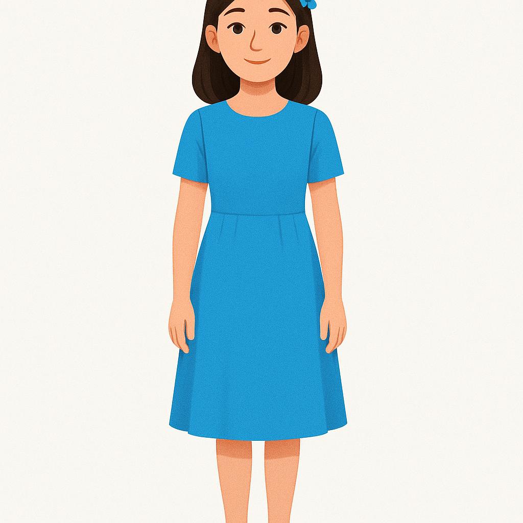 A high quality simple colorful storybook illustration of a young woman standing formally, wearing a neat blue dress and a small bow in her hair, representing the title 'Miss.'