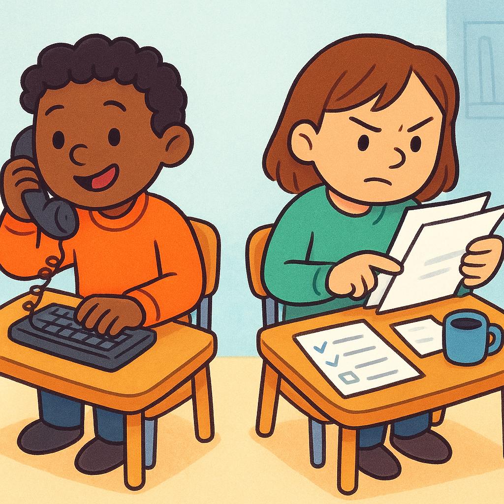 Two cartoon figures sitting side-by-side at small office desks, deeply focused on multiple tasks simultaneously, indicating they are busy.