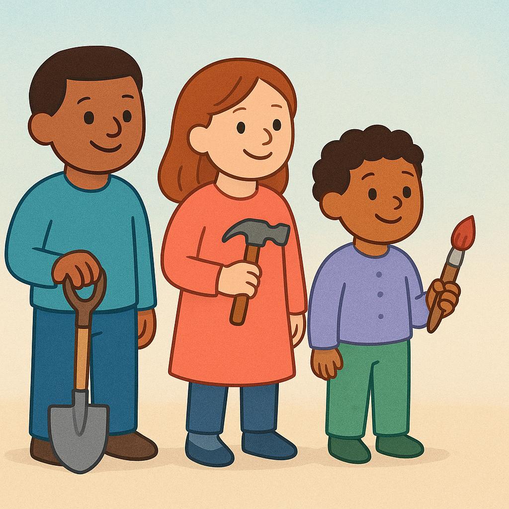 Three cheerful storybook characters, a boy, a girl, and another figure, standing side-by-side. Each character holds a tool, such as a shovel, hammer, or paintbrush, looking ready to begin a project.