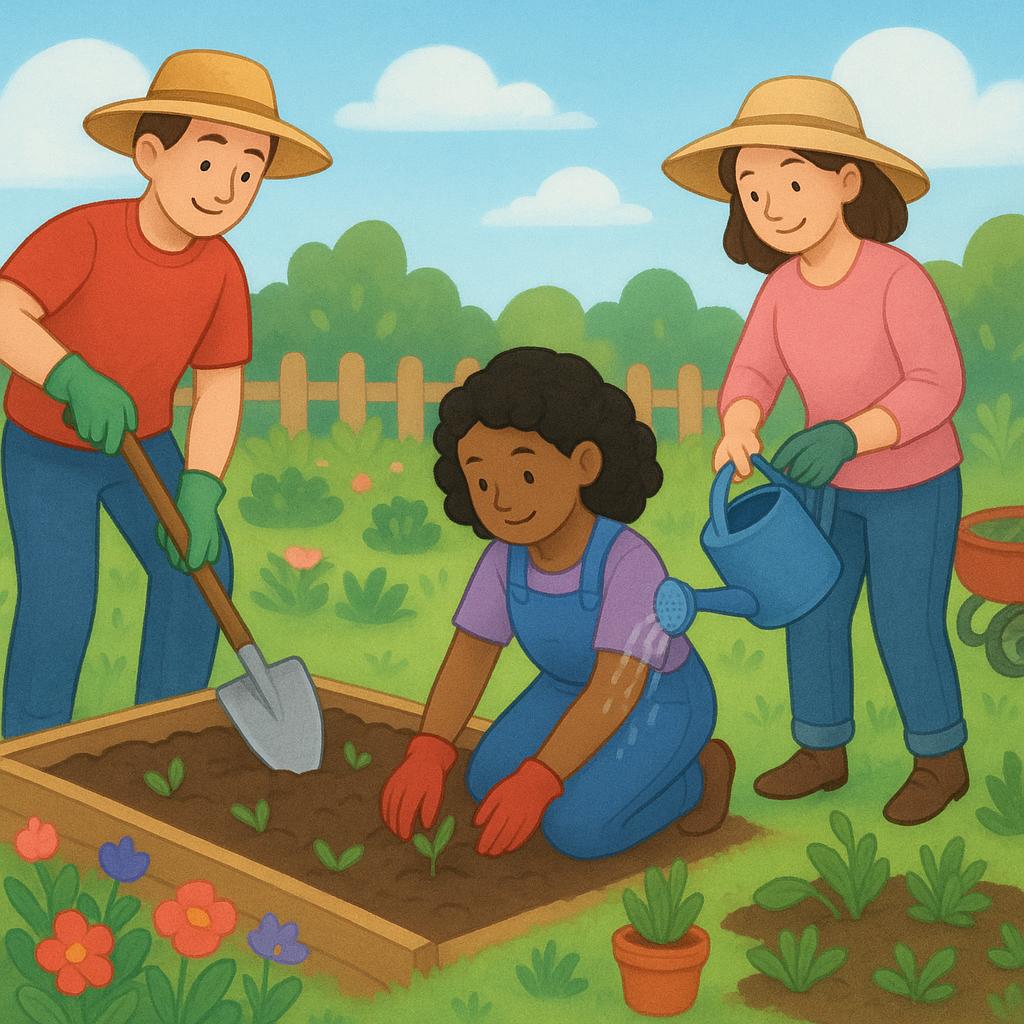 A colorful illustration showing three diverse people in a garden, each actively using a different gardening tool: a shovel, a watering can, and a trowel.