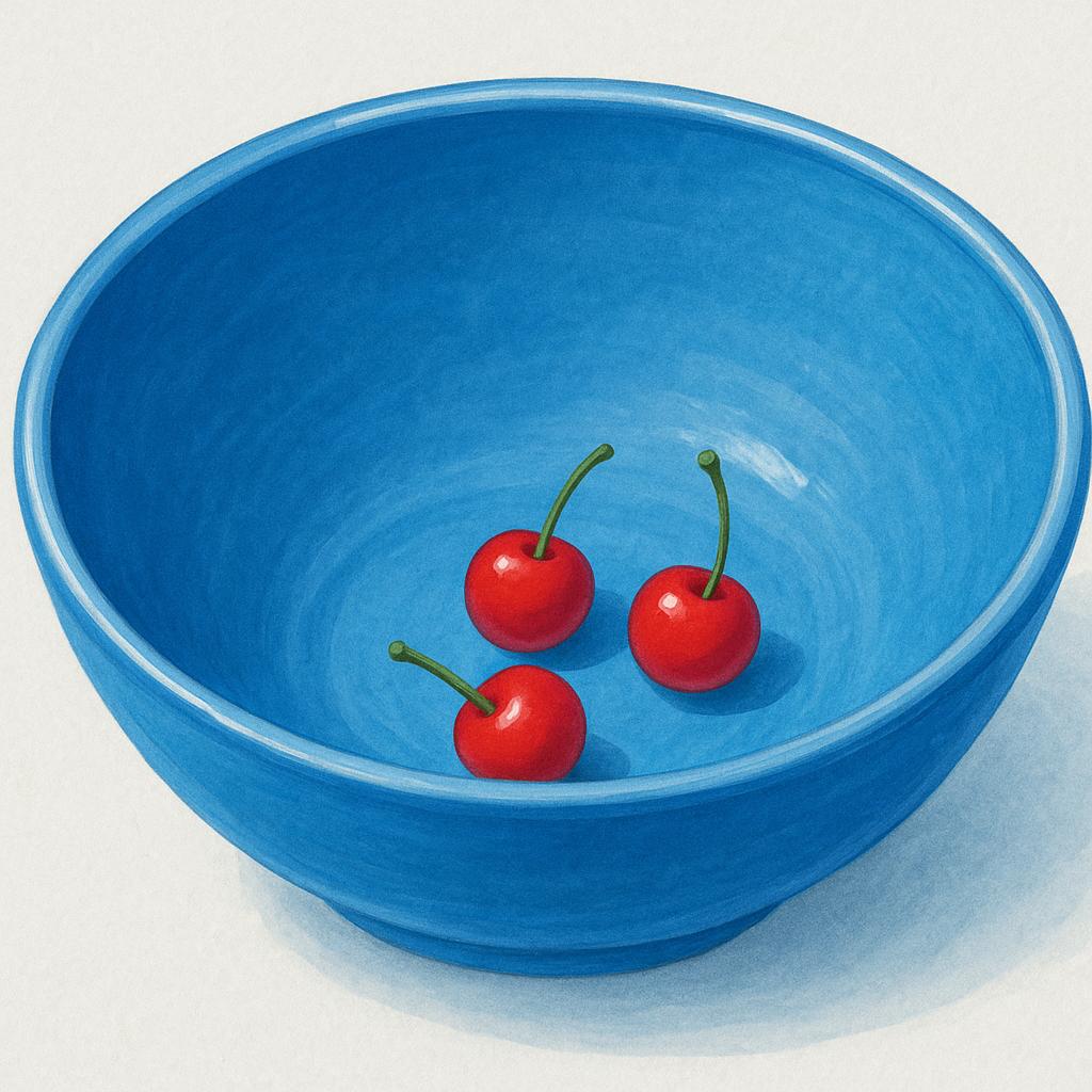 A large, empty ceramic serving bowl rests on a wooden table. At the very bottom of the bowl, there are only three small red cherries, clearly showing a very small quantity.