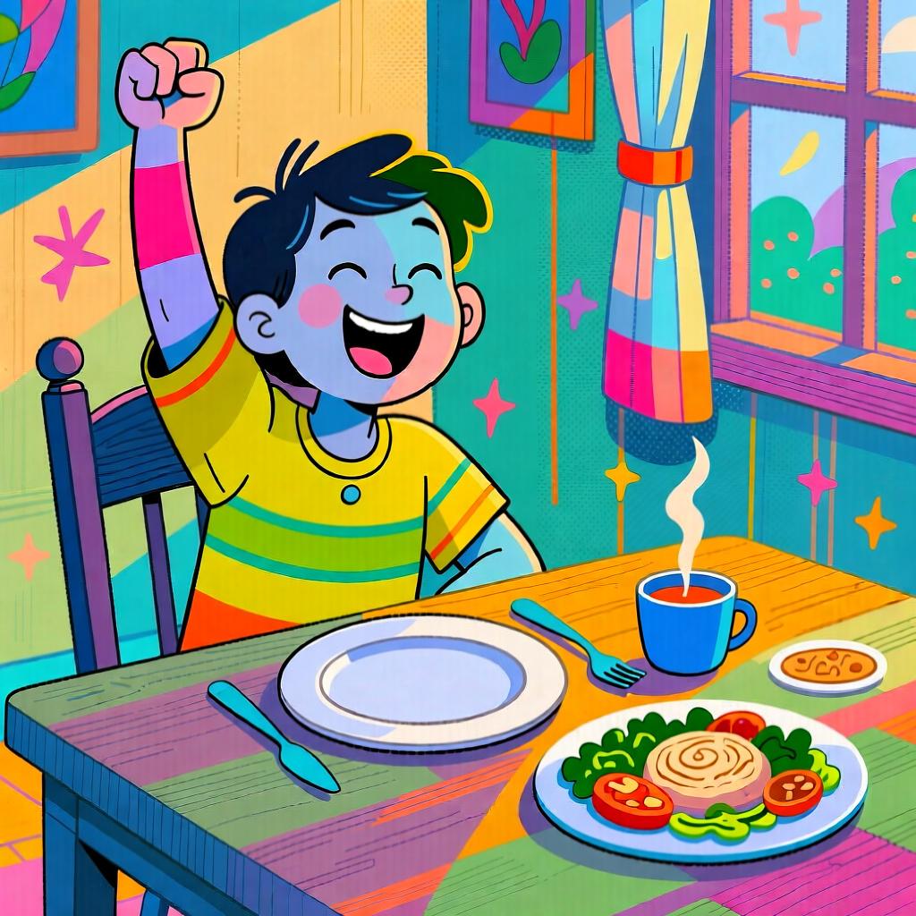 A person celebrating having finished eating a meal, symbolizing a completed action in the past.