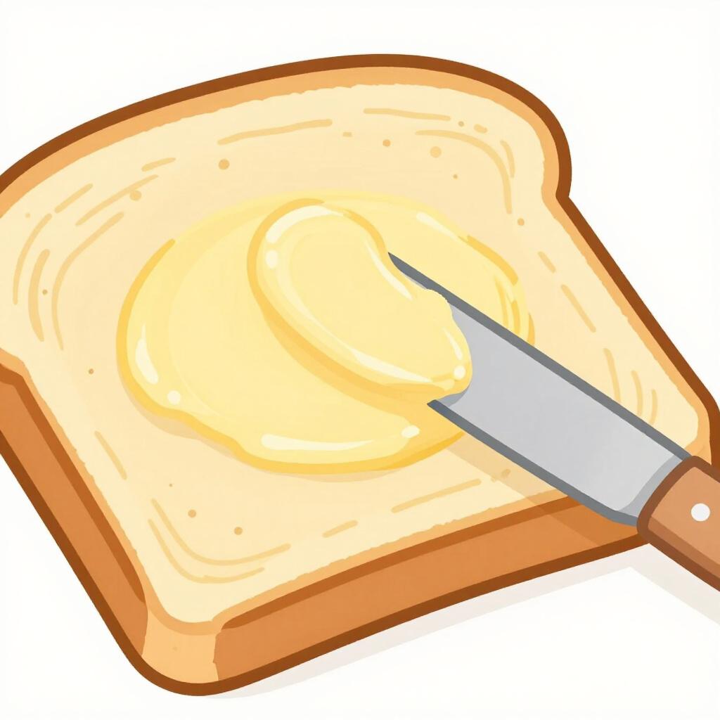 木製のナイフが、トーストされたパン一片に、クリーミーな黄色のバターを厚く塗っている様子。