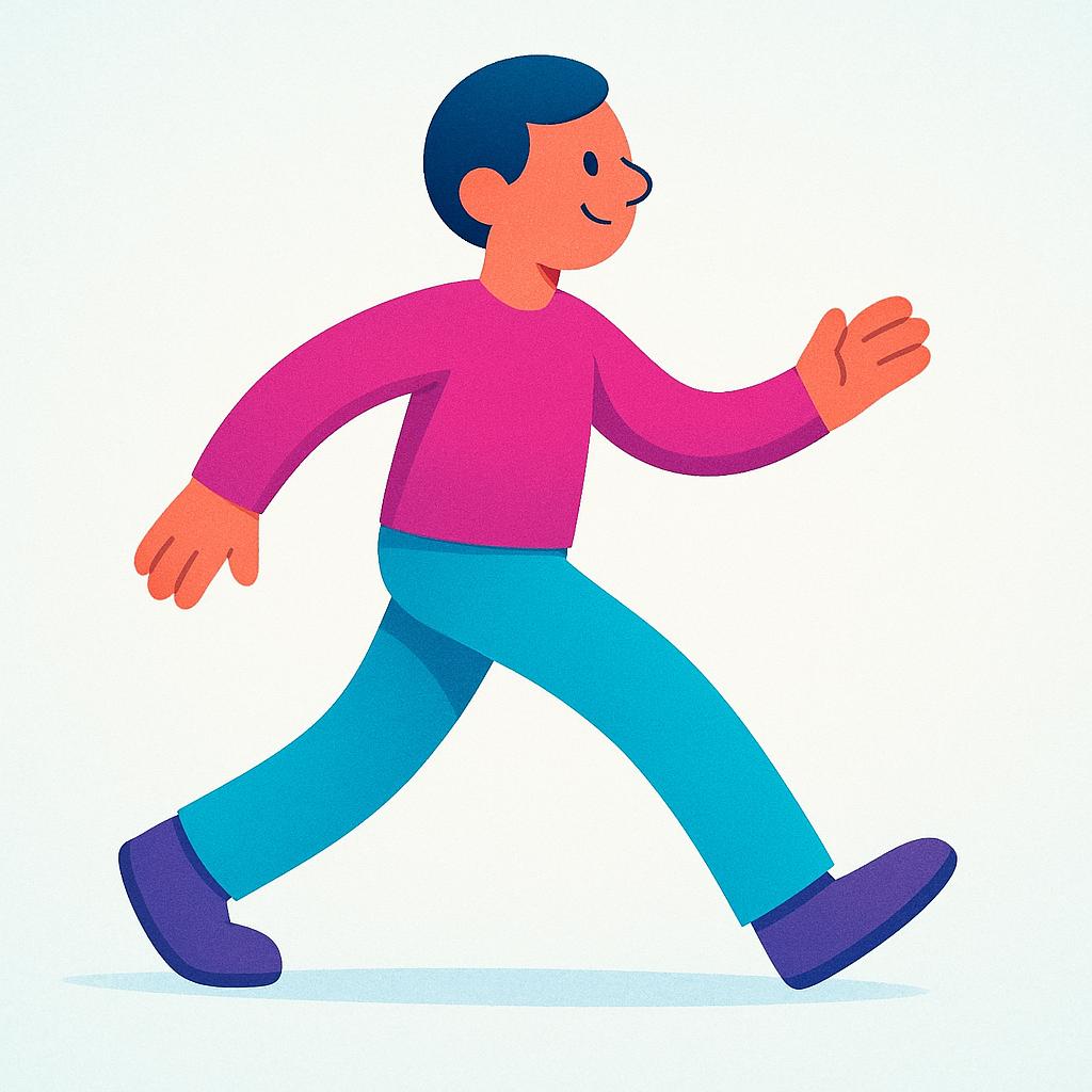 A high quality simple colorful storybook illustration of a stylized human figure taking a large, active step forward, clearly depicting motion.