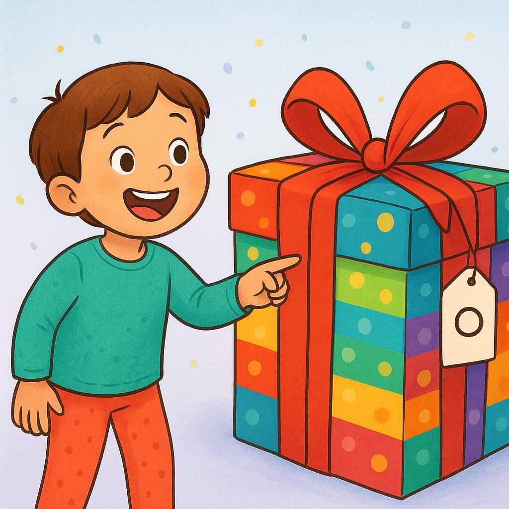 A smiling child points excitedly toward a brightly colored, wrapped present tied with a bow, anticipating receiving it.