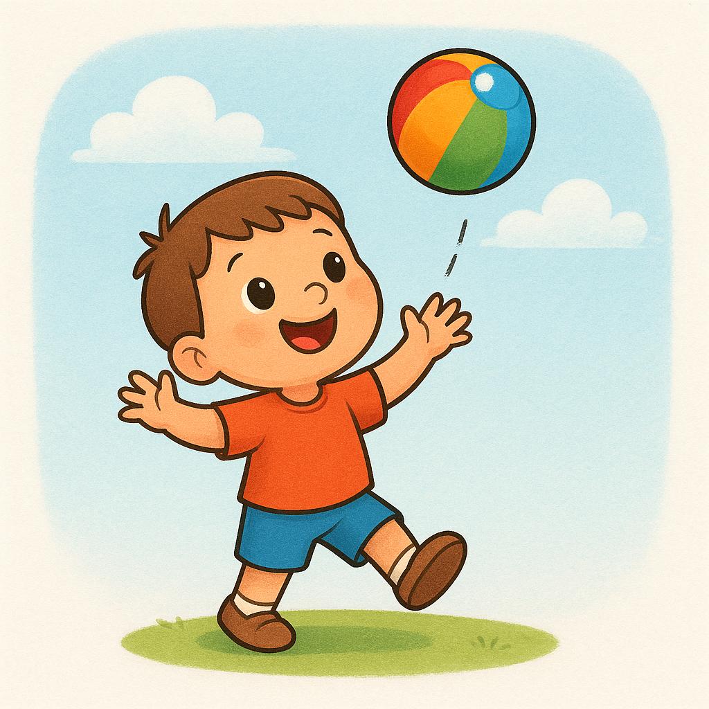 A child smiling while throwing a brightly colored ball high into the air with an active motion blur.