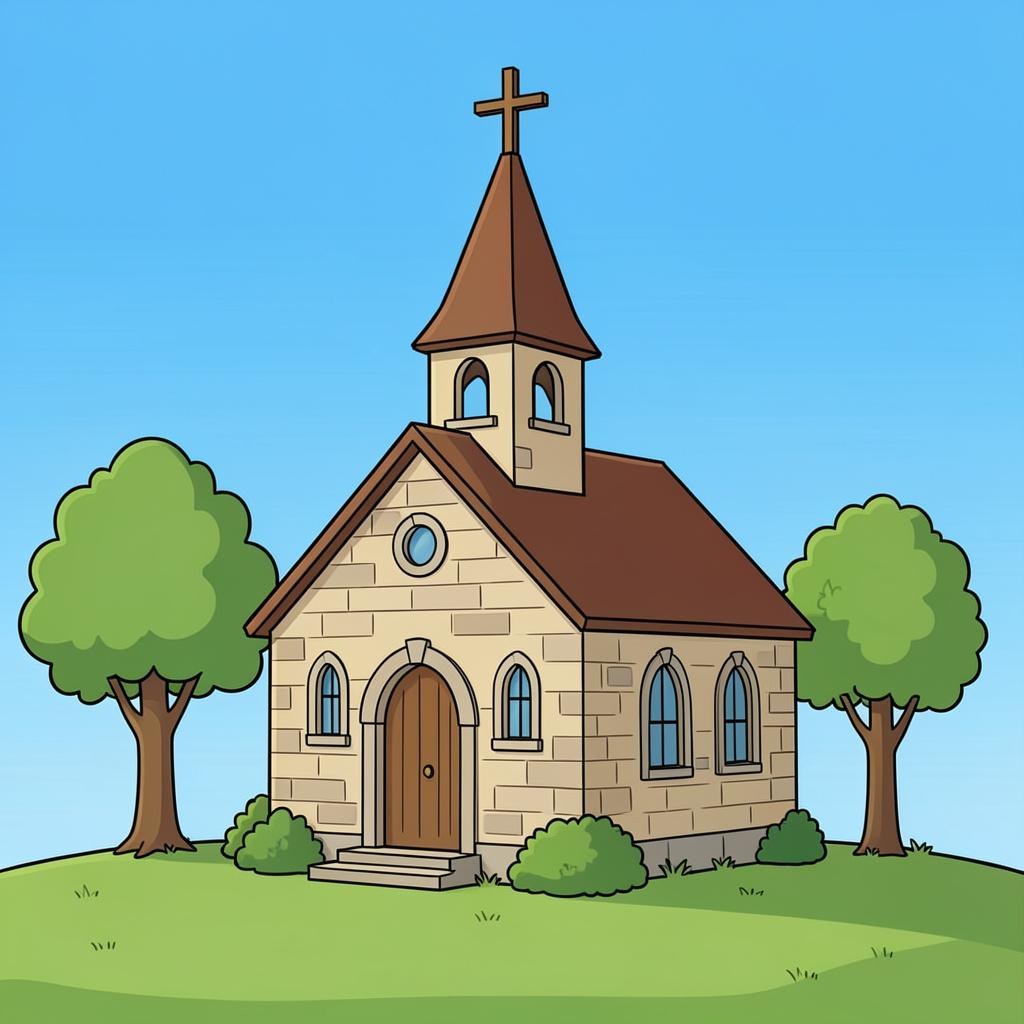 A simple stone church with a cross on top, set against a blue sky.