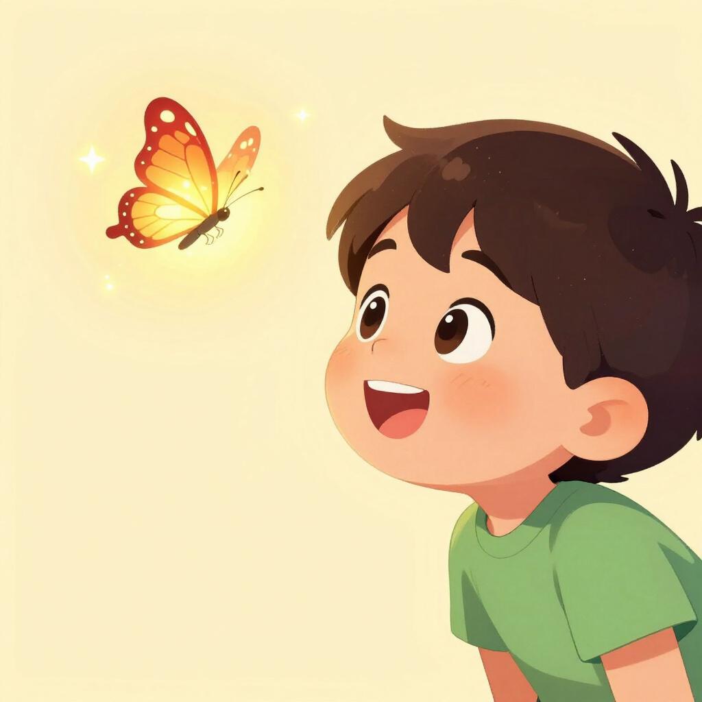 A child with wide eyes and a bright smile looking closely at a glowing, colorful butterfly on a leaf.