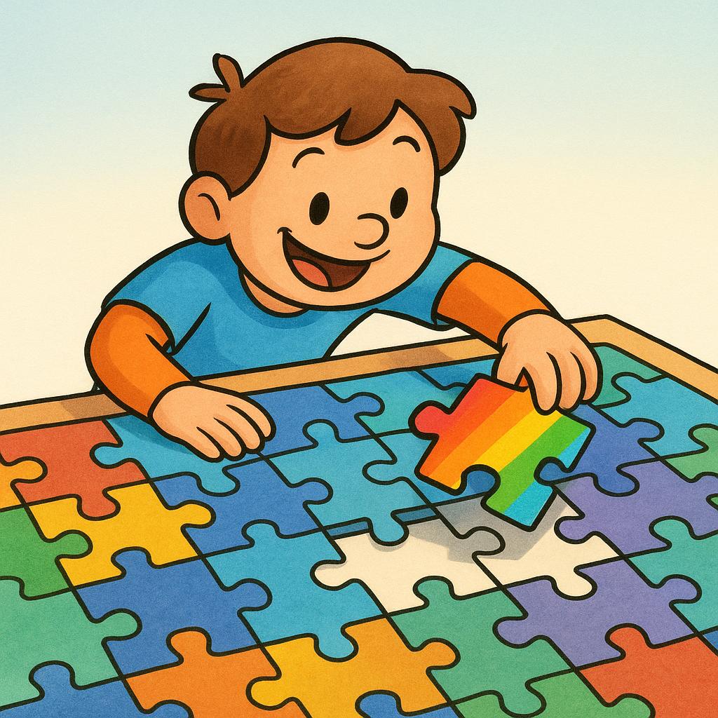 A cartoon figure smiling as they successfully place the final piece into a large, colorful jigsaw puzzle, signaling the completion of the task.
