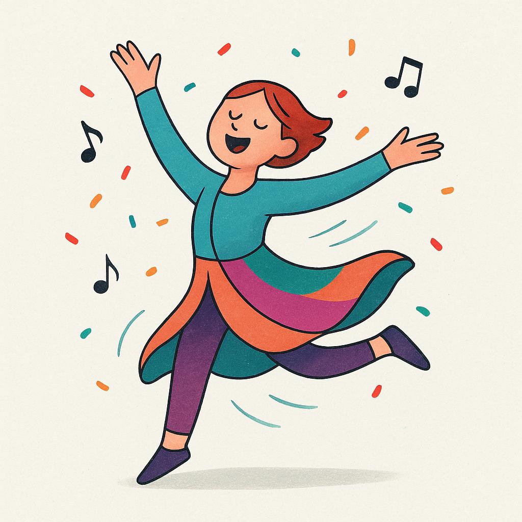 A stylized figure wearing bright clothes mid-leap, demonstrating the physical act of dancing.