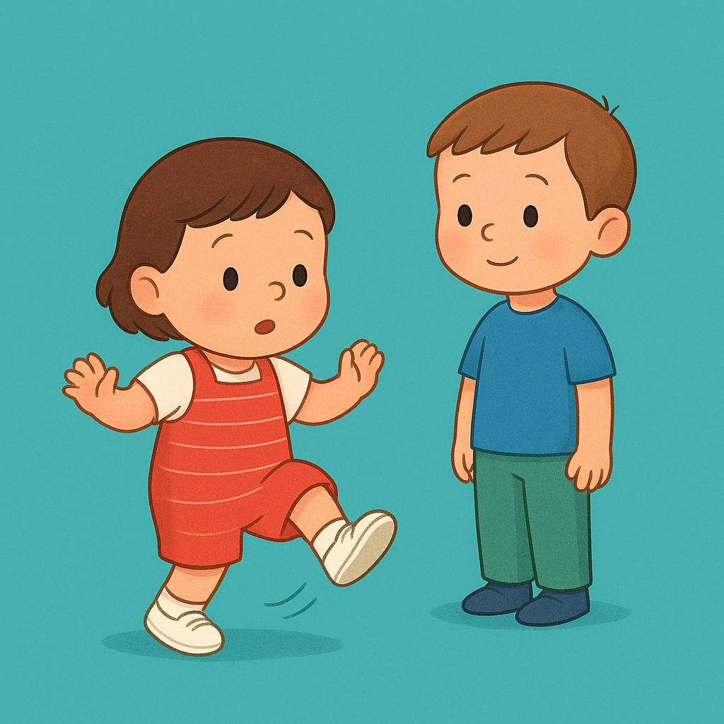 A simple colorful illustration showing one child actively stepping backward and creating distance from a second, stationary child, symbolizing the action of moving away.