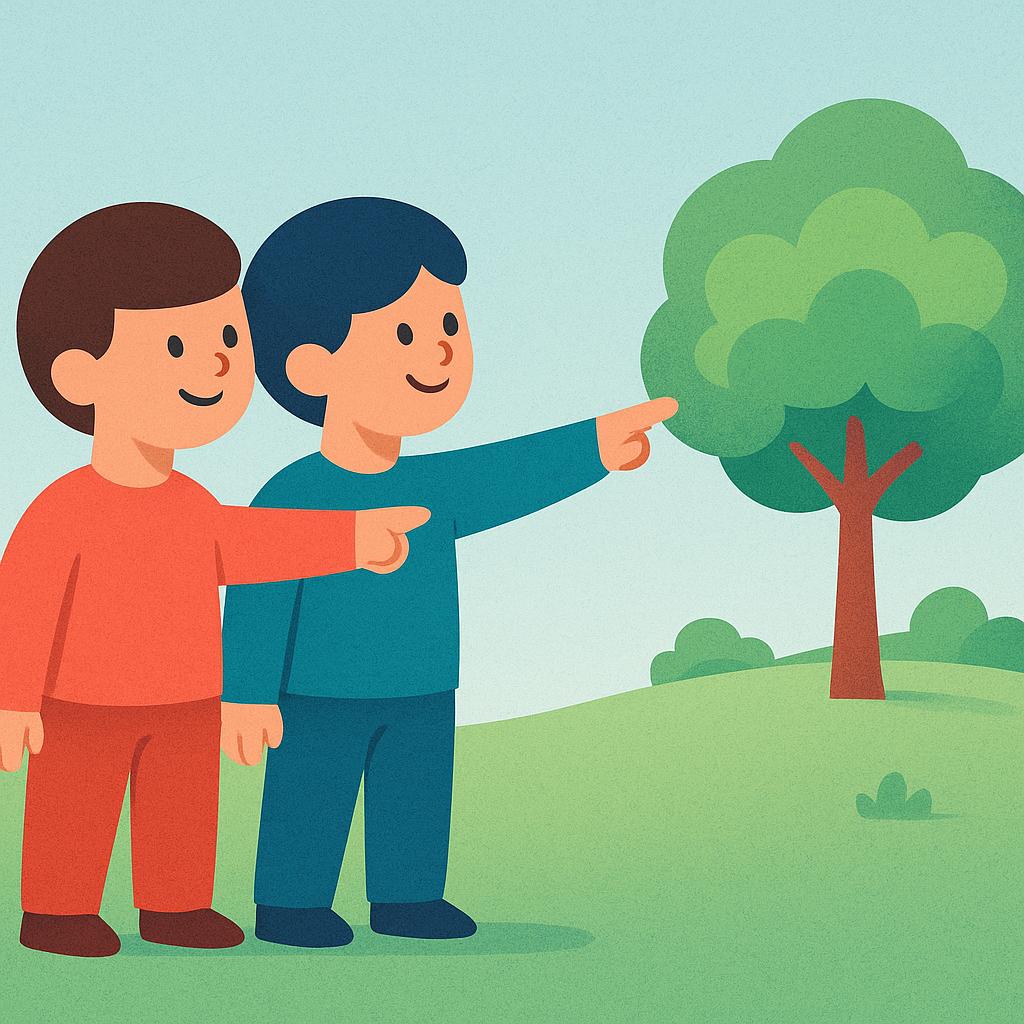 A storybook illustration showing two cartoon figures standing together, both pointing decisively along a path toward a distant tree.