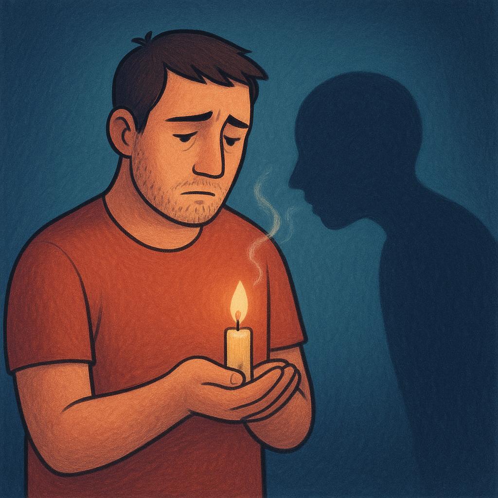 A storybook scene where a shadowy figure extinguishes a small lit candle held by a sad masculine figure, symbolizing the end of his life.