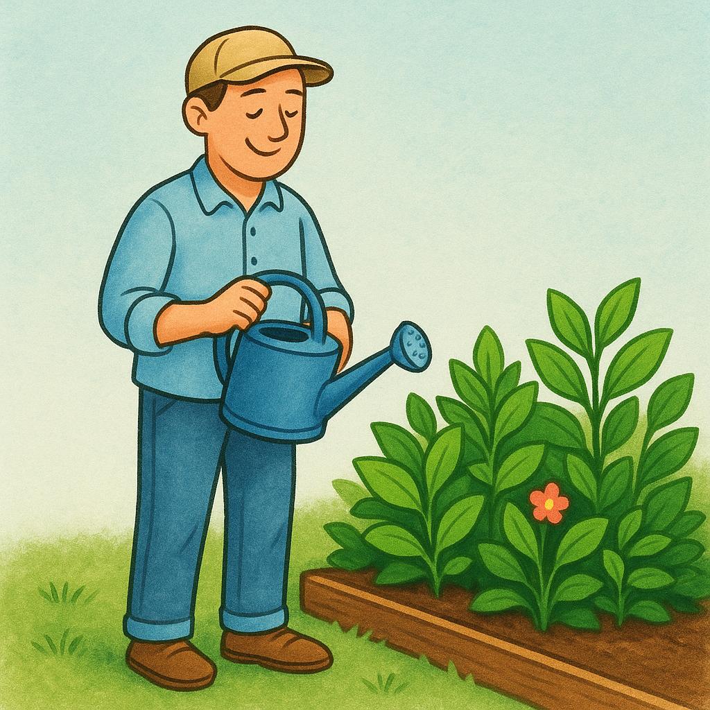 A smiling gardener effortlessly waters a row of thriving green plants with a watering can, showing comfort and familiarity with the routine task.