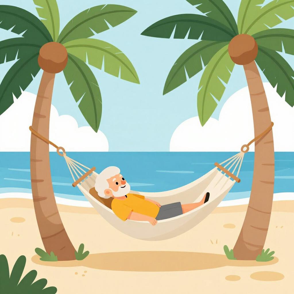 An elderly person smiling and relaxing in a hammock between two palm trees.
