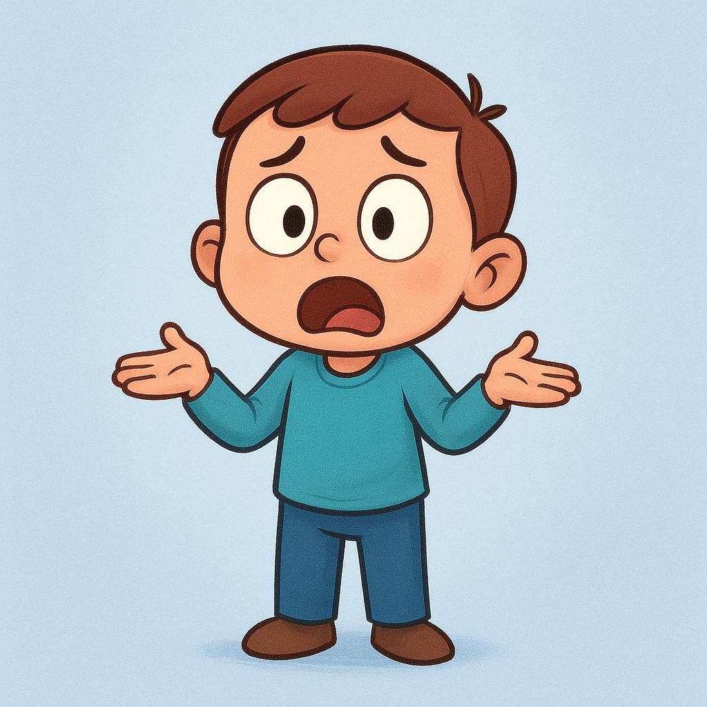 A small, cartoonish figure shrugging their shoulders dramatically, looking utterly confused and bewildered with a gaping mouth, representing intense questioning or surprise.