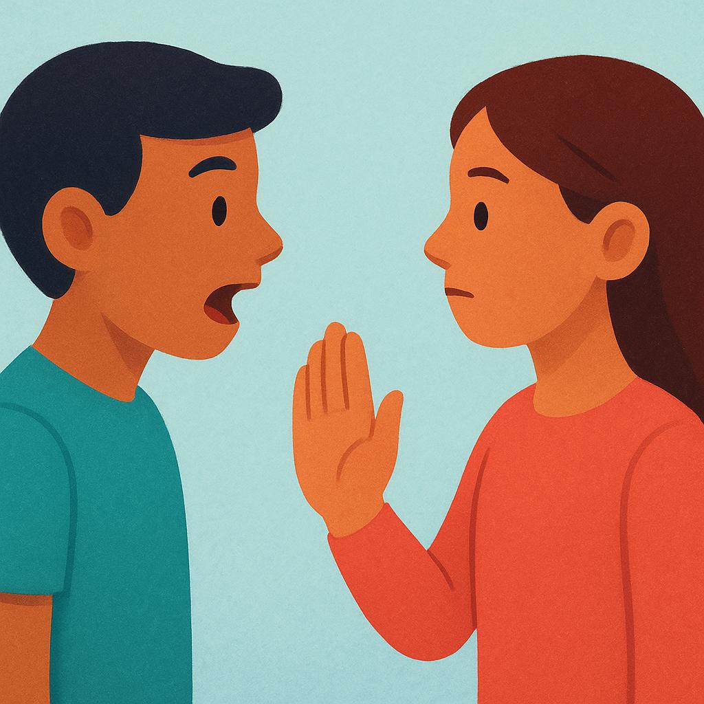 A simple illustration of two stylized people facing each other. One person holds up an open hand, palm facing forward, toward the other person, symbolizing a formal objection or challenge.