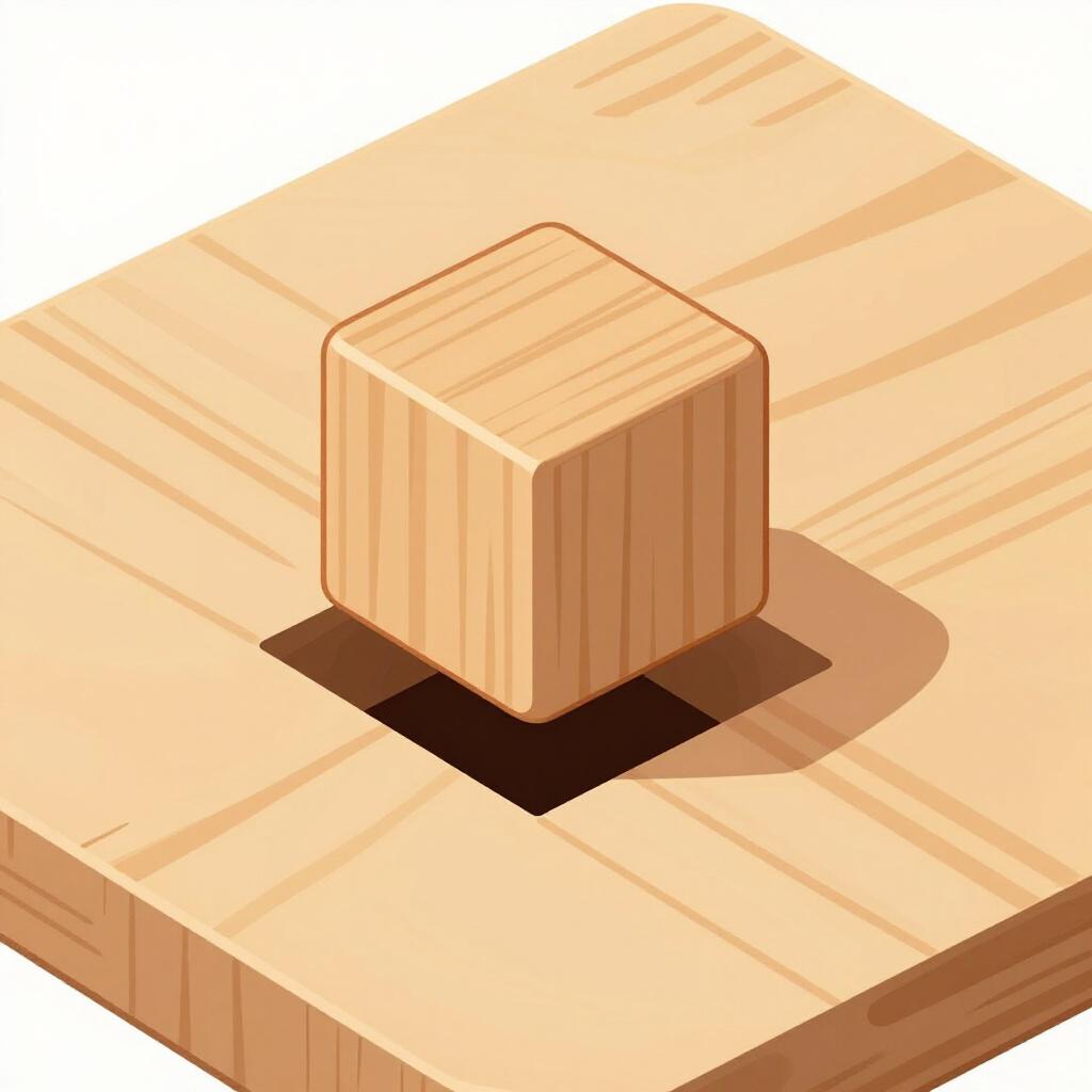 Ein kleiner quadratischer Holzklotz, der perfekt in eine quadratische Aussparung in einer größeren Holzbasis passt.