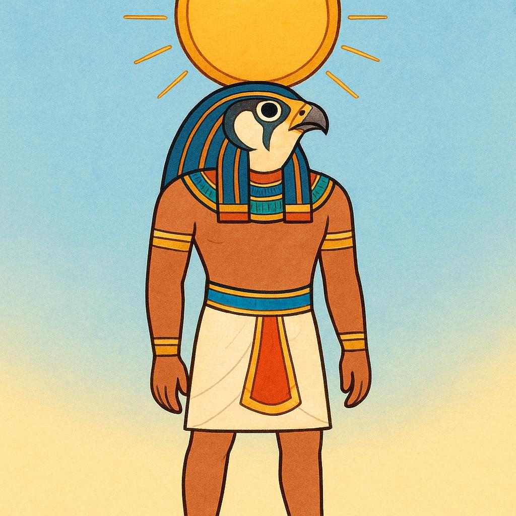 A high quality simple colorful storybook illustration of the Egyptian god Ra, depicted with a human body, a falcon head, and a large golden solar disk resting on his head.