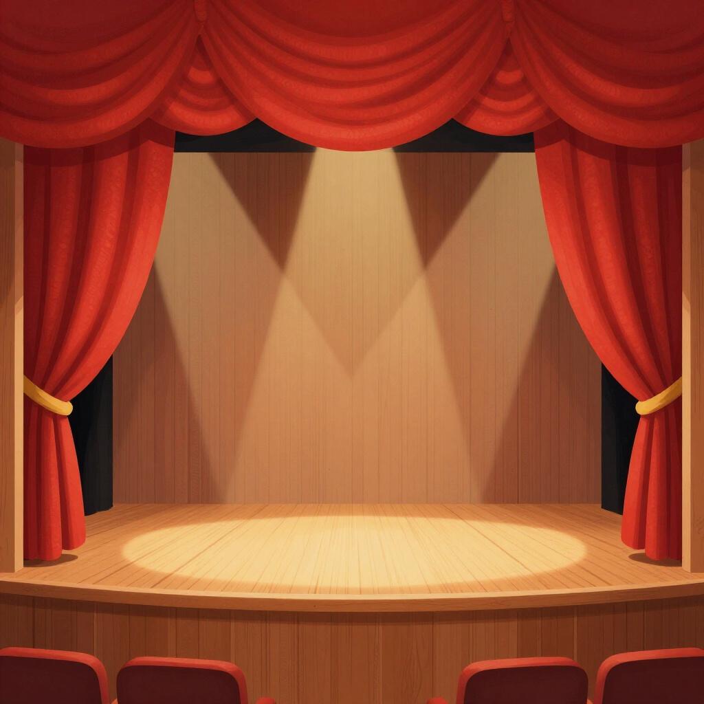 A classic wooden stage with heavy red velvet curtains tied back at the sides.