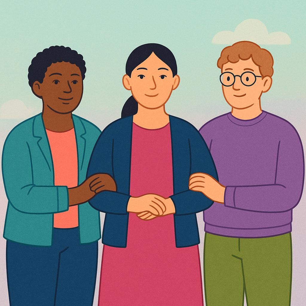 Three figures of diverse appearance standing shoulder to shoulder, linking arms firmly across their backs, symbolizing unity and togetherness.