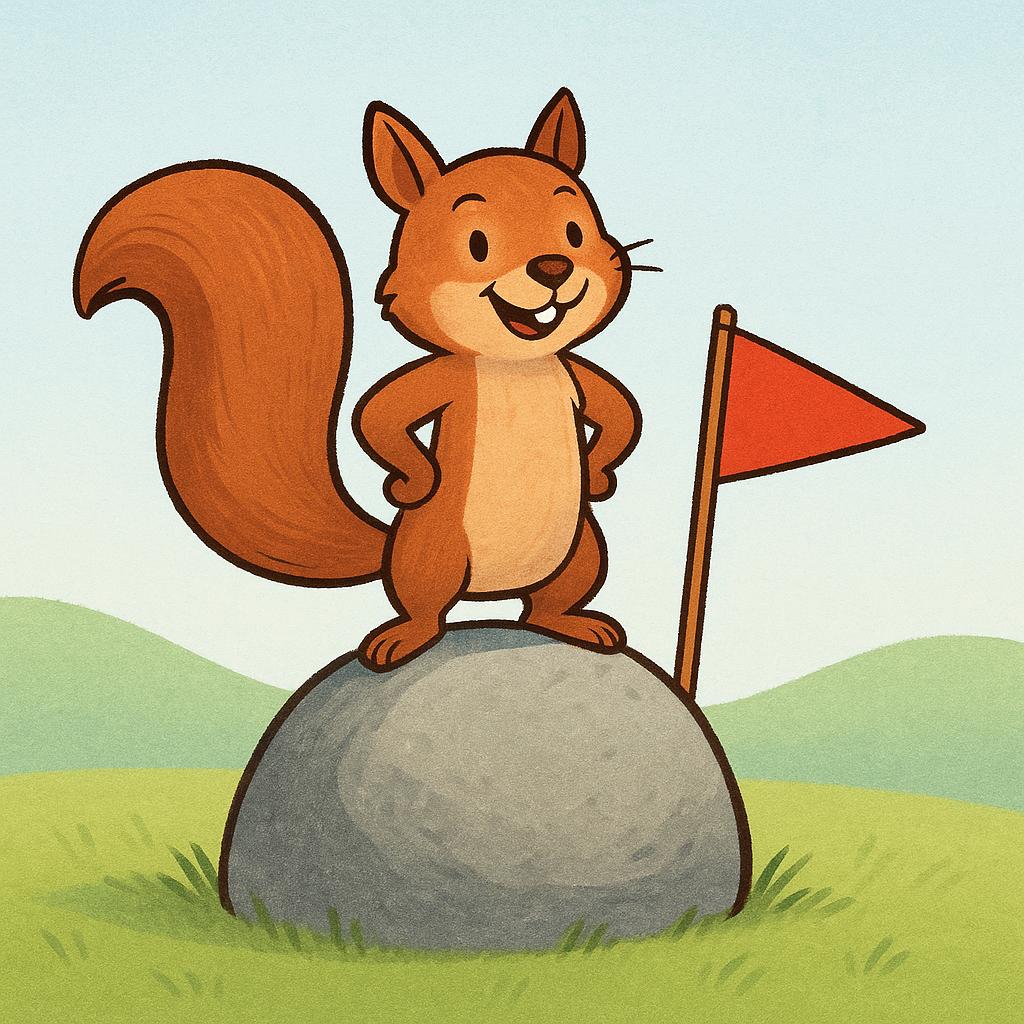 A cheerful squirrel stands on the peak of a large, smooth boulder, holding a small flag, signifying successful completion of an effort.