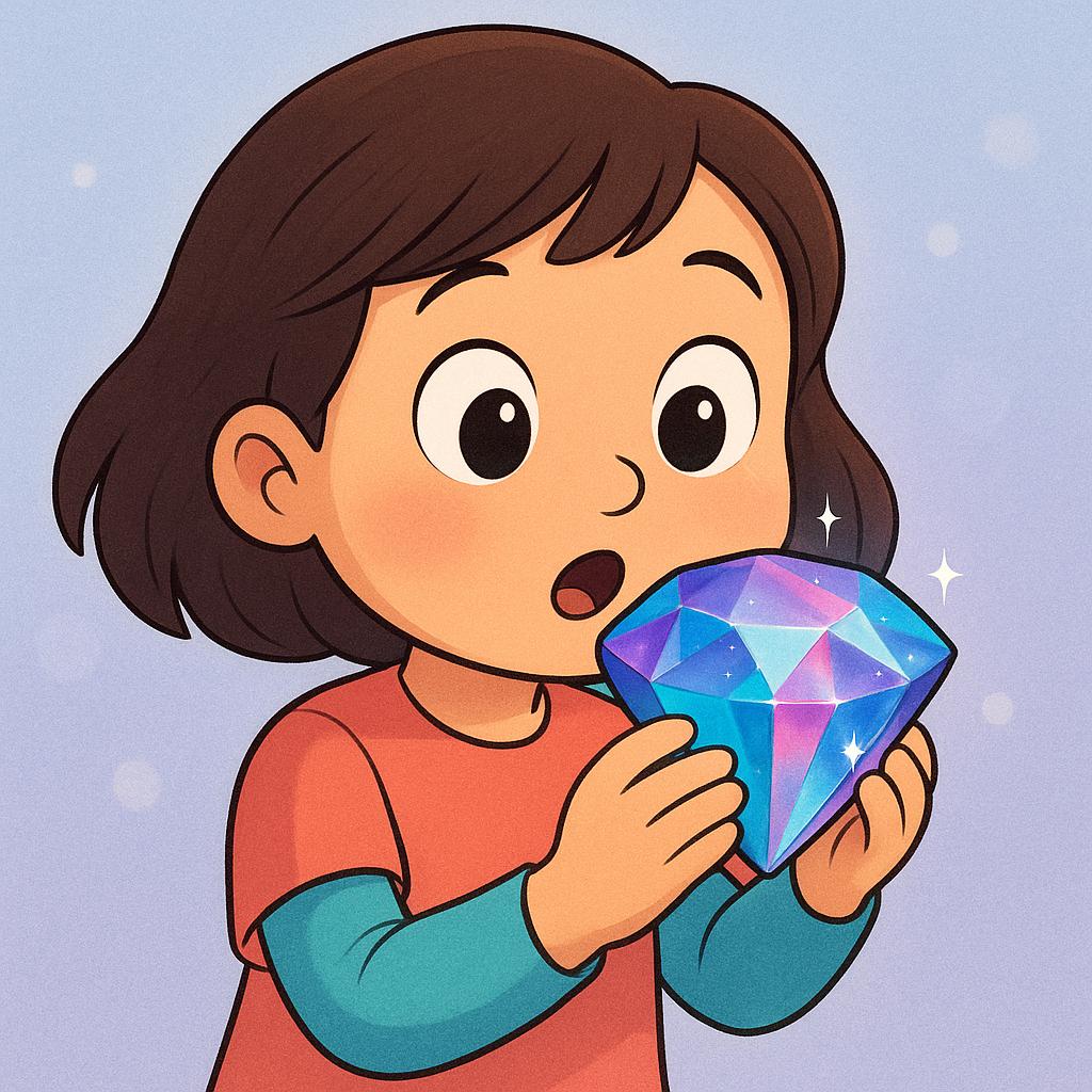 A curious girl with wide, fascinated eyes looking closely at a brightly colored, sparkling gemstone, illustrating that the object interests her.