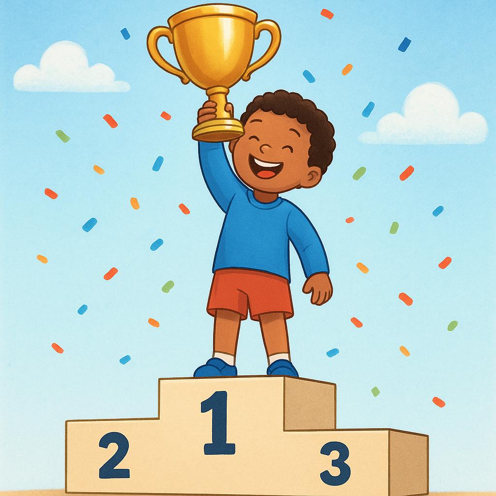 A child celebrating victory while standing on the highest step of a podium and holding a gold trophy.