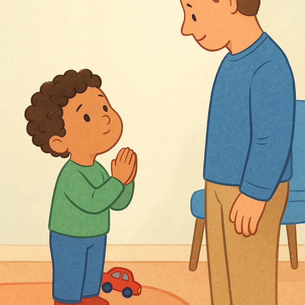 A child asking an adult for permission or assistance, represented by the child looking up at the adult with hands clasped.