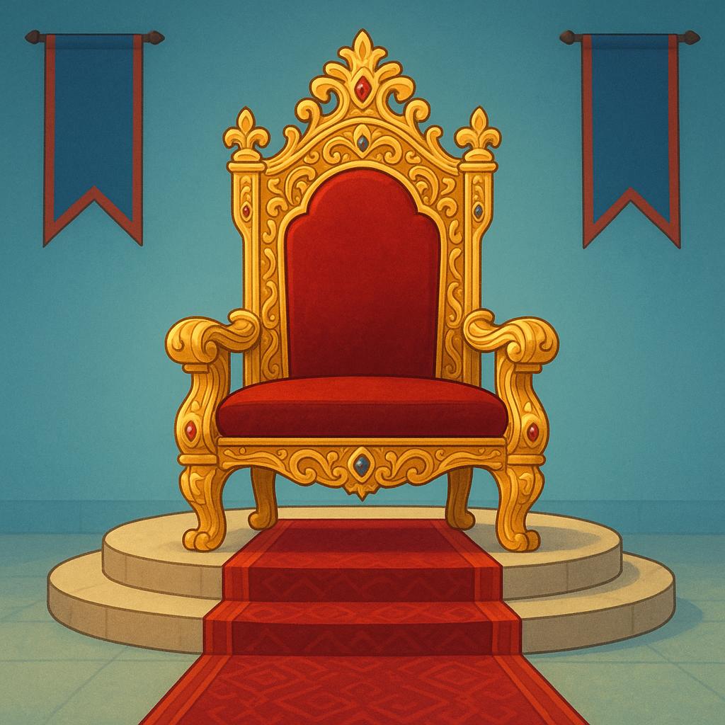 A massive, ornate golden throne centered on a raised platform, featuring a deep red velvet cushion. The throne symbolizes royal dignity and formal power.