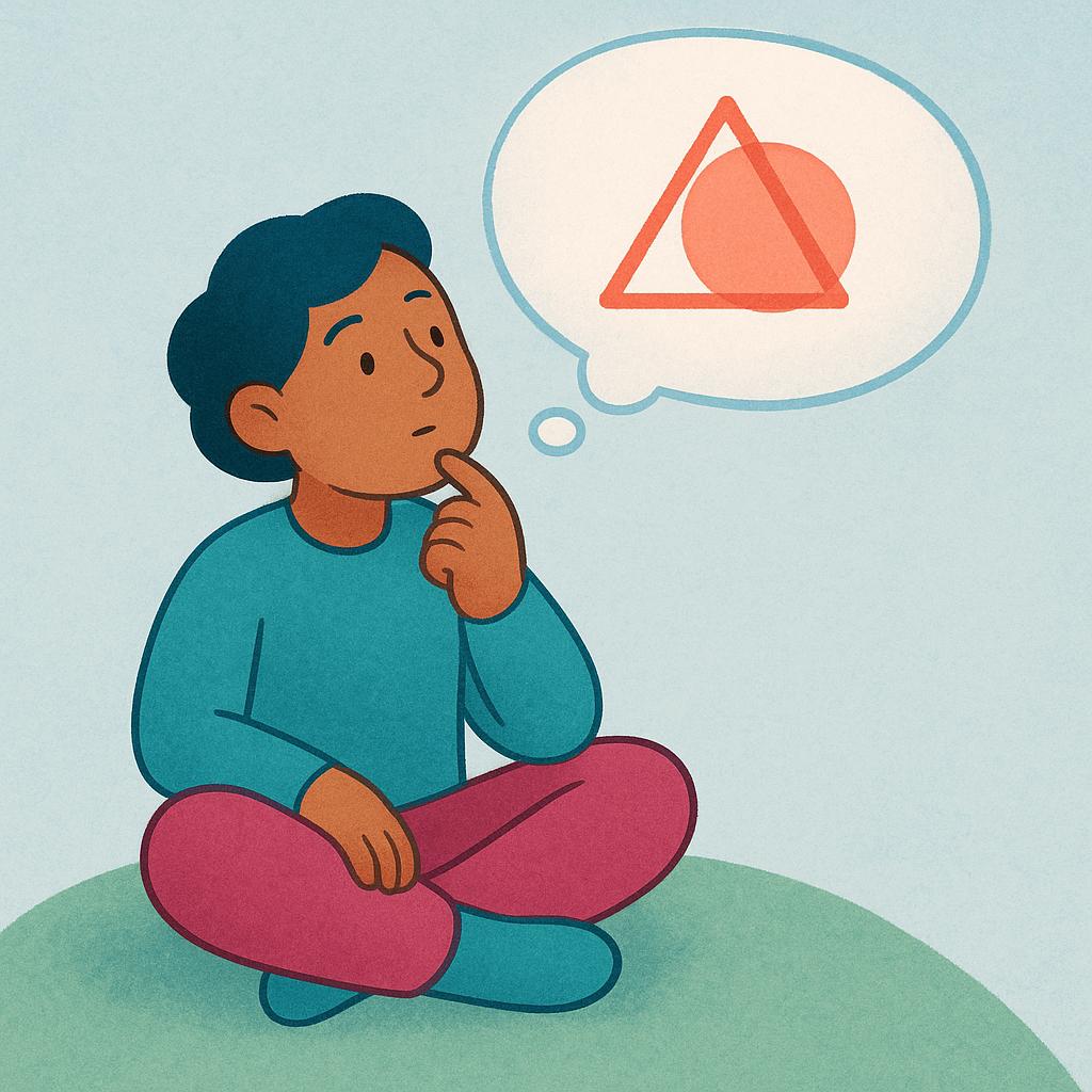A simplified illustration of a person sitting thoughtfully with one hand supporting their chin. A large, stylized thought bubble floats above their head containing a single, abstract geometric cube, representing the proposition they are considering.