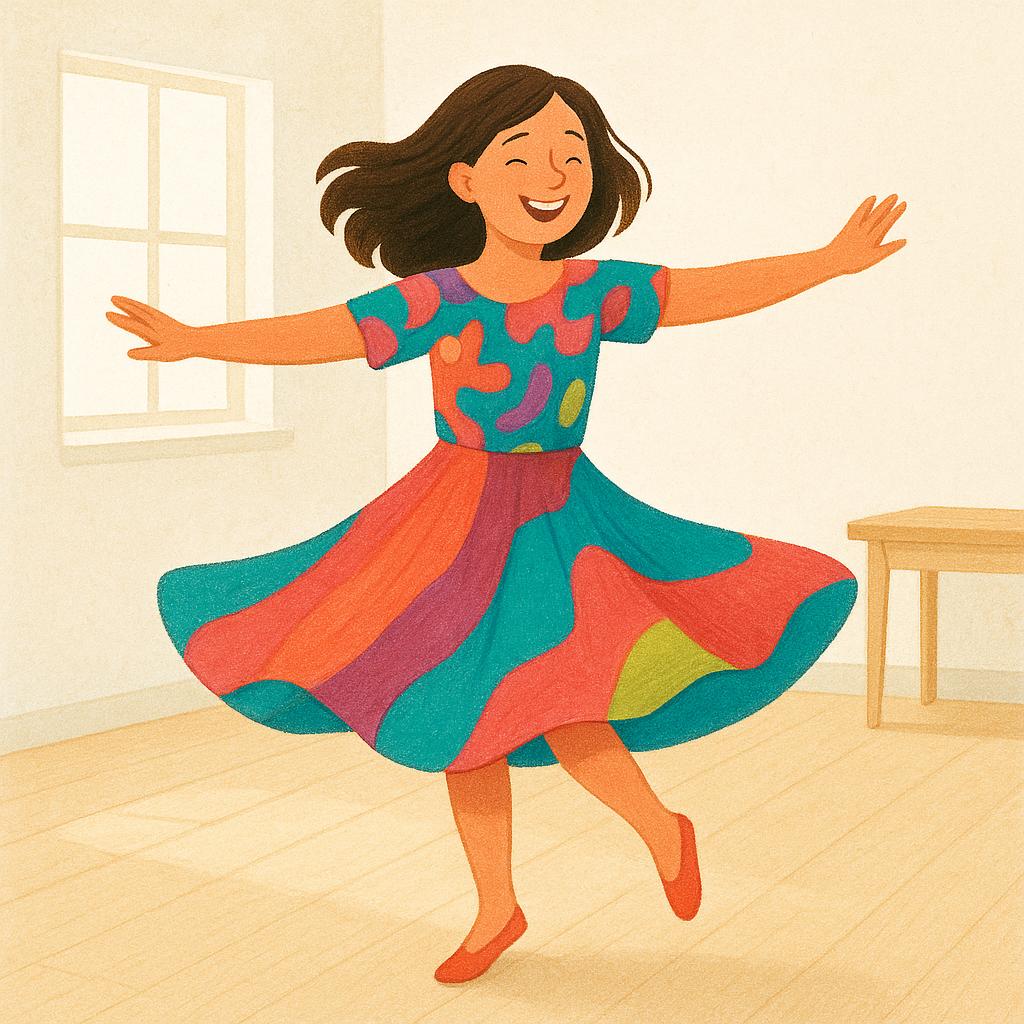 A cheerful figure wearing colorful clothes is actively dancing and spinning with arms outstretched, illustrating the present tense action.