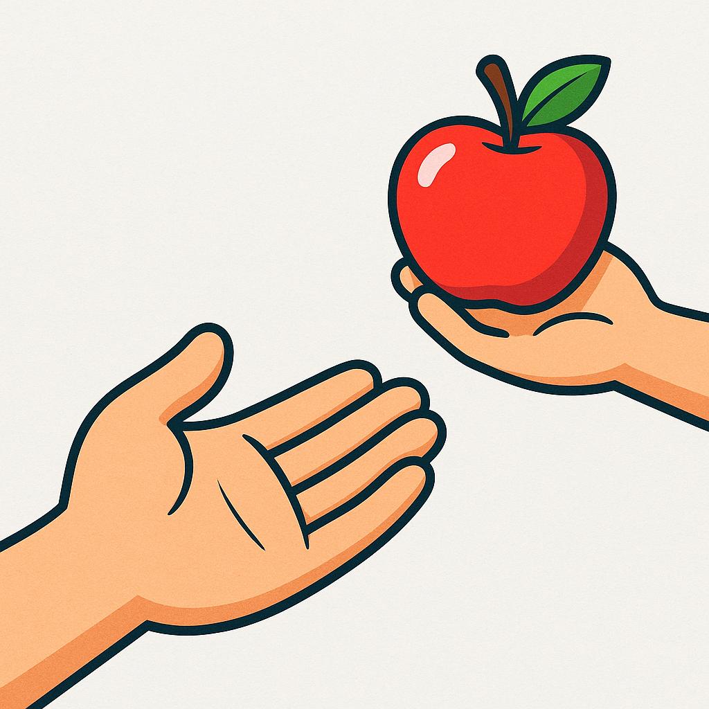 A simple storybook illustration showing two cartoon hands. One hand is open, palm up, reaching out aggressively toward a second hand that is holding a single bright red apple, illustrating the action of demanding something.