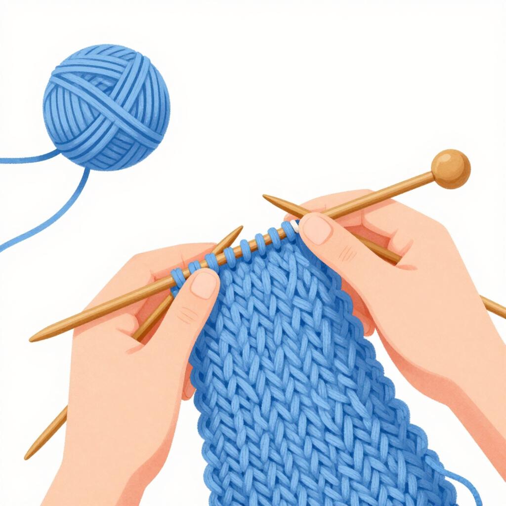 A close-up illustration of two wooden needles knitting soft blue yarn into a small scarf.