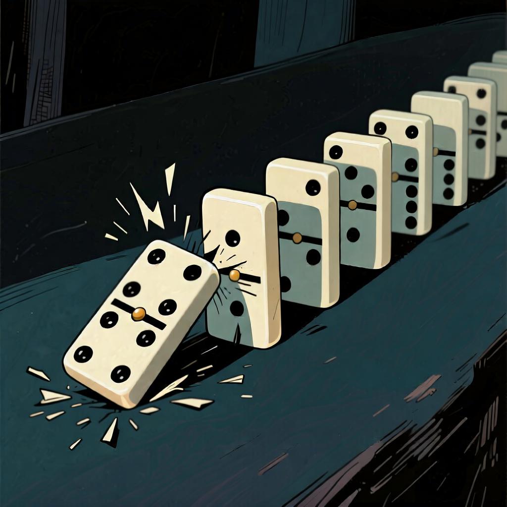 A set of dominoes where the first one has fallen and is about to hit the next one, showing a chain reaction.