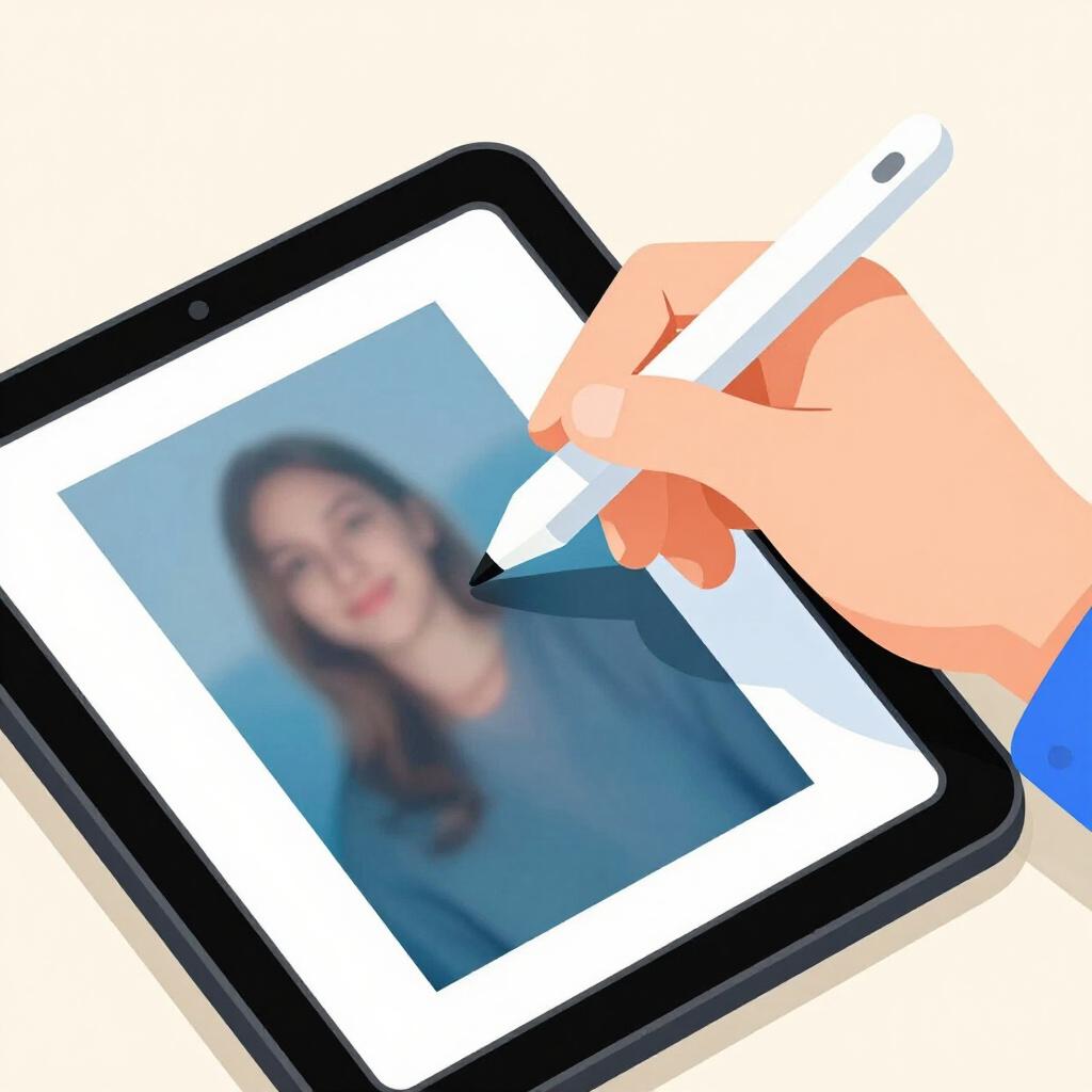 Ein farbenfrohes digitales Foto auf einem Tablet, das mit einem Stift bearbeitet wird und Helligkeits- und Farbänderungen zeigt.
