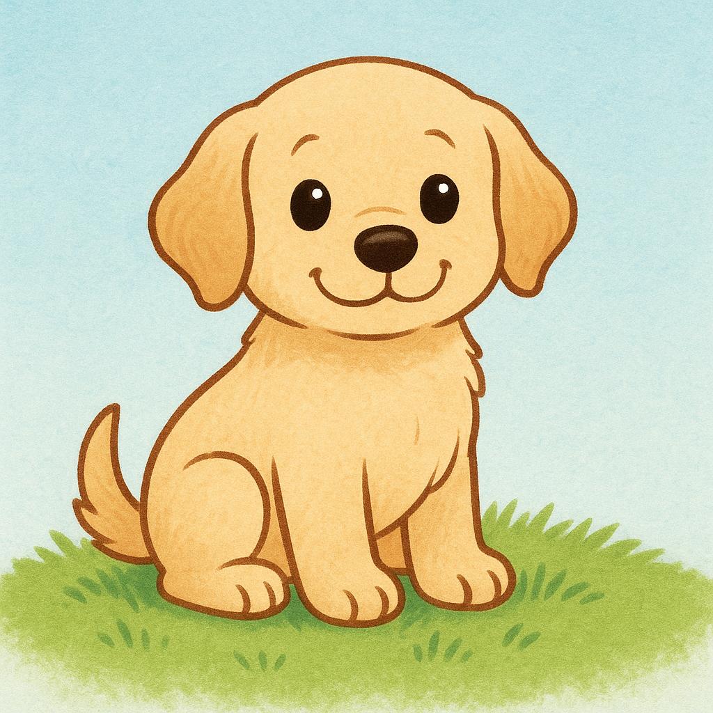 A small golden retriever puppy sitting on a patch of green grass.