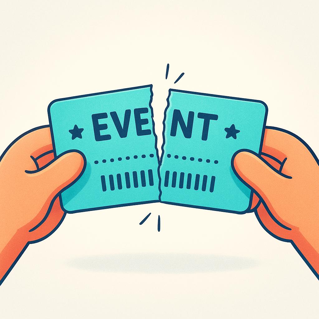 A colorful event ticket being ripped exactly in half, symbolizing the event's cancellation.