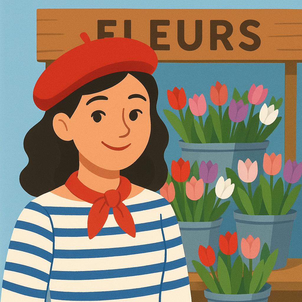A young French woman wearing a stylish beret and a striped shirt, standing in front of a simple Parisian street scene with a flower shop.