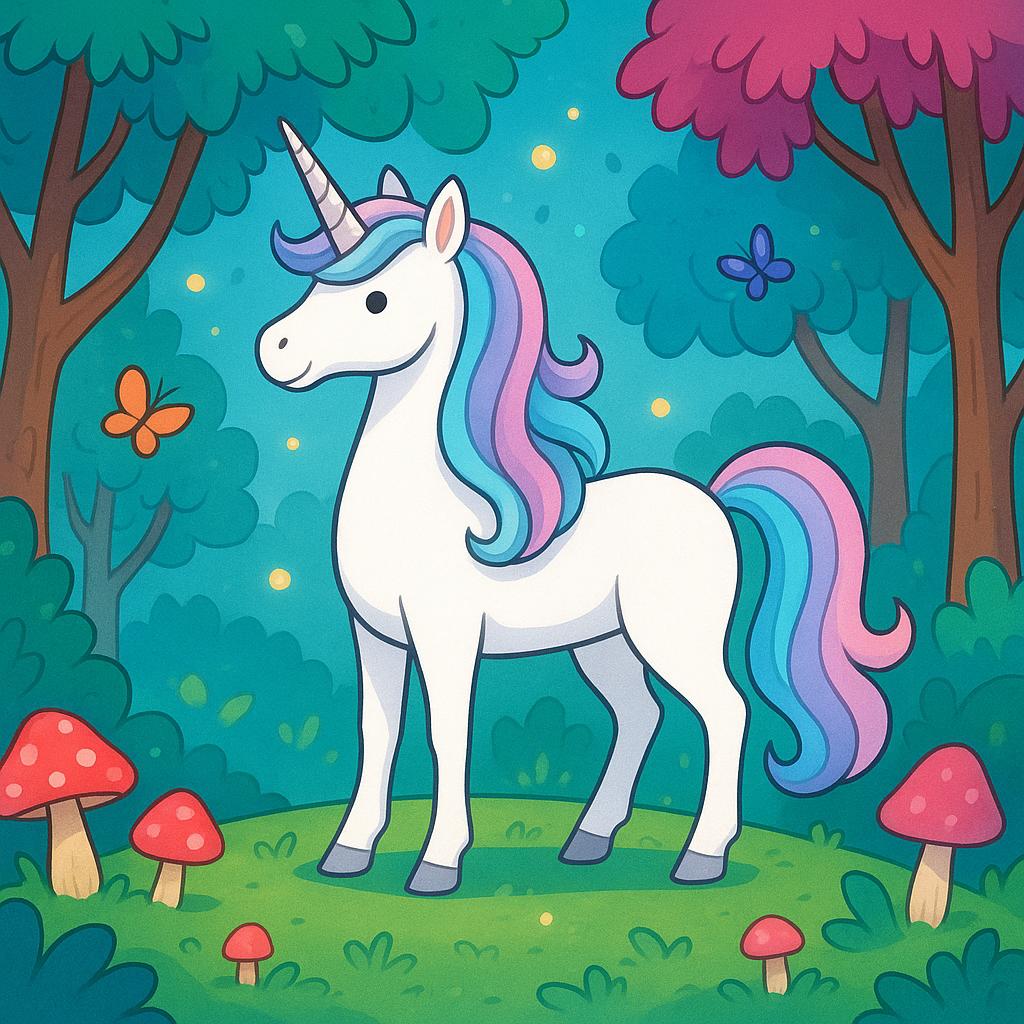 A majestic white unicorn with a rainbow mane stands among vibrant, glowing blue mushrooms in a colorful, enchanted forest.