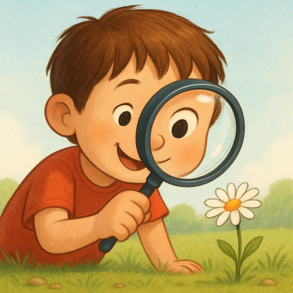 A high quality storybook illustration of a young child happily holding a large magnifying glass close to their eye, examining a small flower on the ground.