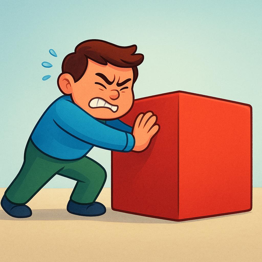 A determined cartoon person straining and showing effort while trying to push a large, brightly colored cube block across a floor.