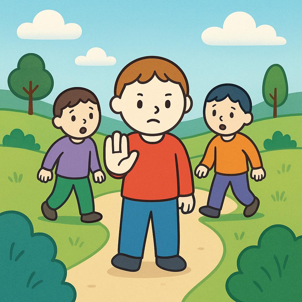 A simple drawing showing three figures walking along a path. The leading figure has stopped and holds one hand out in front of them with an open palm, signaling the other two figures to halt.